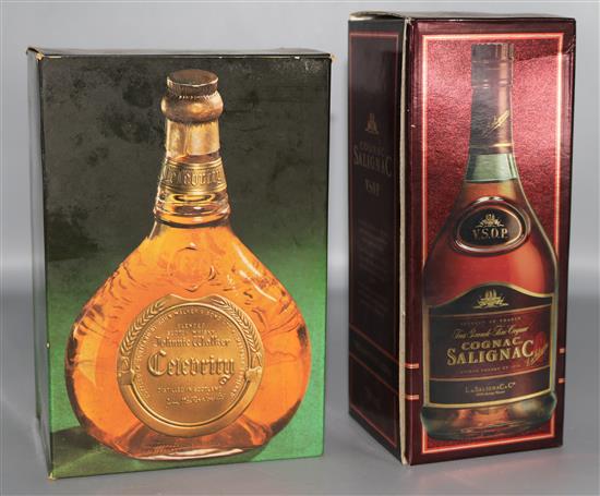 One bottle of Cognac Salignac and one bottle of Johnnie Walker Celebrity whisky,